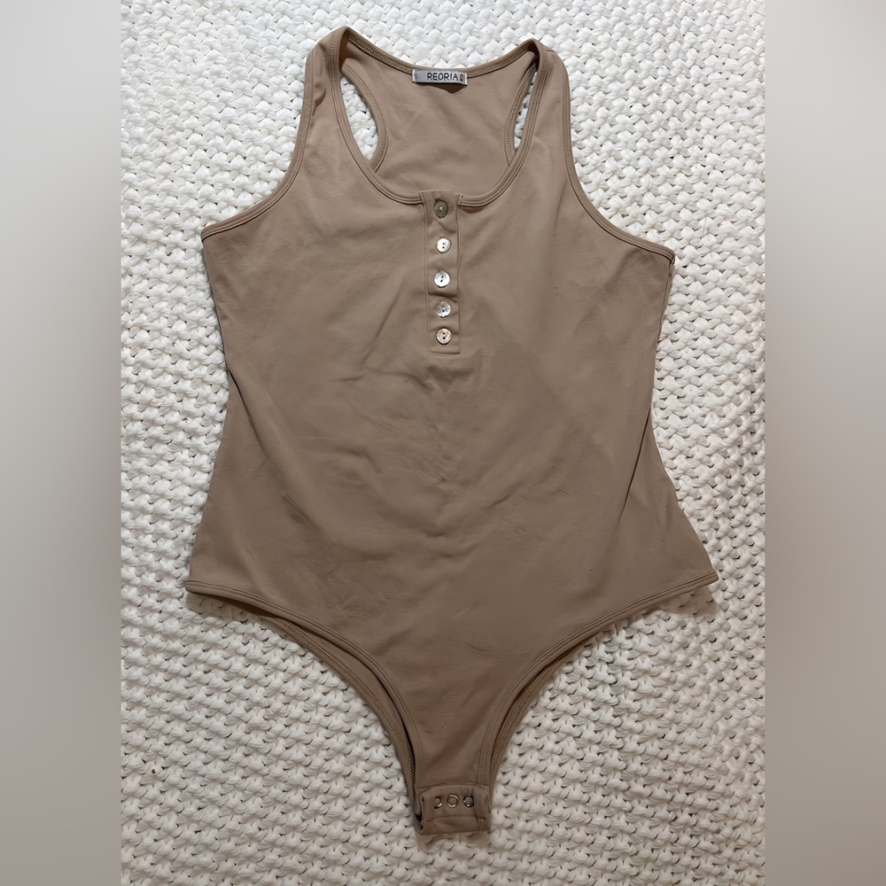 ReoRia Tan Bodysuit with Button Detail